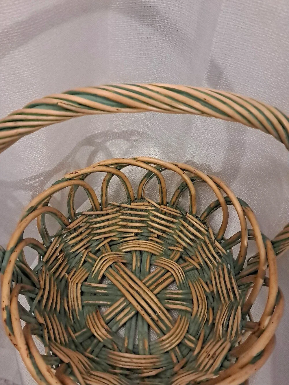 Vintage Large Handwoven Wicker Basket Green & Natural Twisted Handle Cottagecore